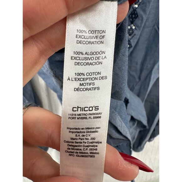 Chicos Womens Top Sz 1 S Blue Chambray Embroidered Beaded Coastal Beachy Boho - Picture 4 of 10